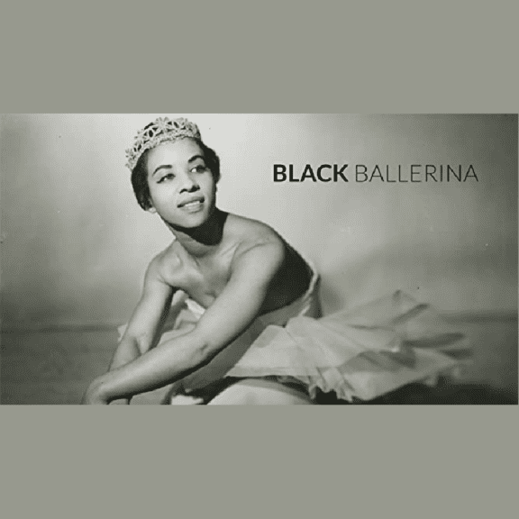 Black and white photo of a ballerina wearing a crown with text beside her that says 