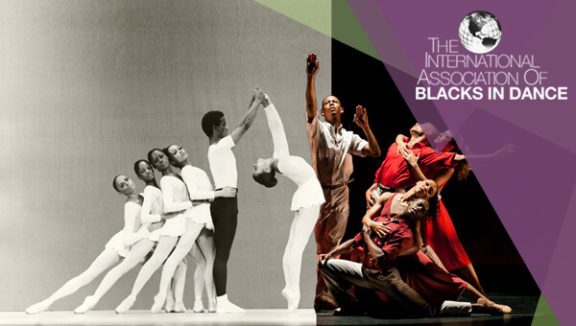 Graphic for The International Association Of Blacks In Dance featuring one black and white image of ballet dancers and one color image of ballet dancers beside it
