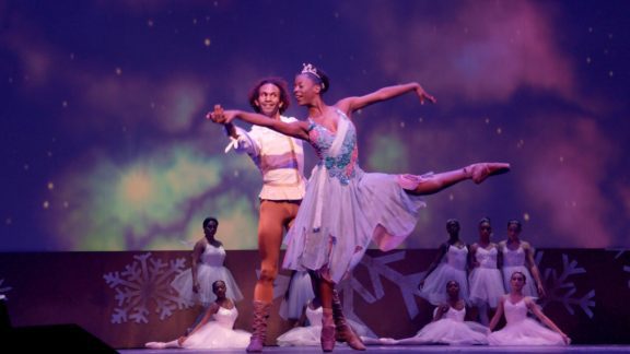 Photo of the male and female lead dancers in The Nutcracker performance