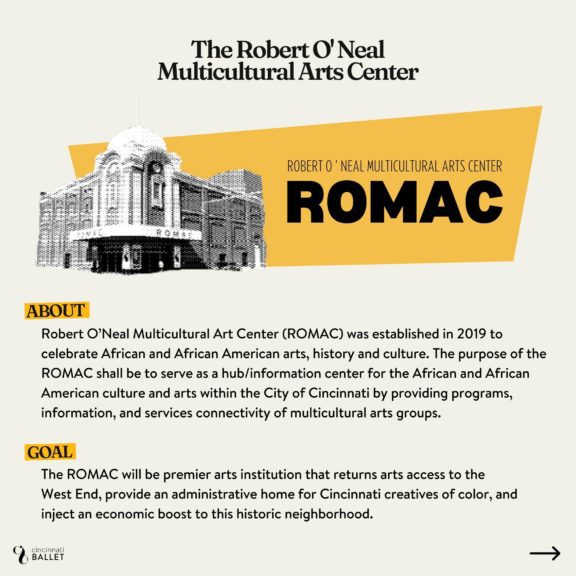 Graphic for The Robert O'Neal Multicultural Arts Center with information about it along with its goal