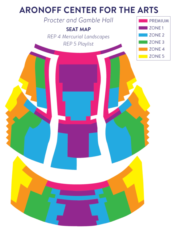 Graphic with a colorful depiction and key of the Seat Map for the Aronoff Center for the Arts