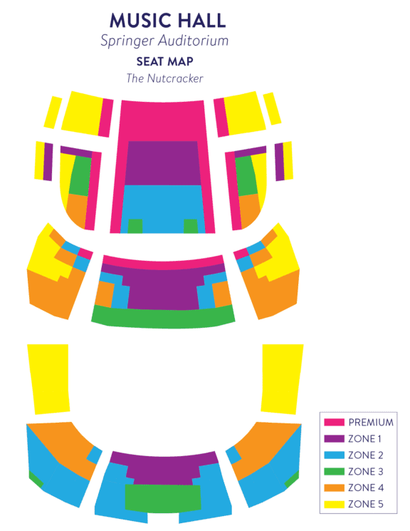 White graphic with a colorful image and key showing the layout of the Music Hall seat map for The Nutcracker show