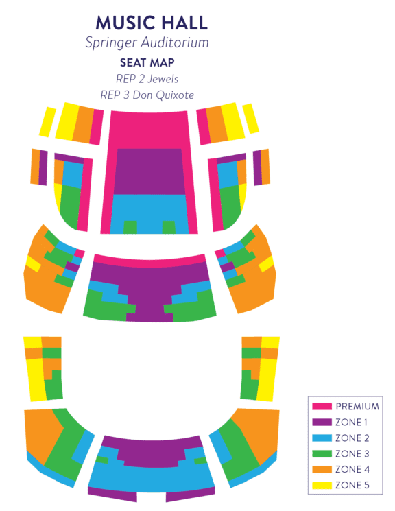 White graphic with a colorful depiction and key of the Seat Map for the Jewels and Don Quijote shows