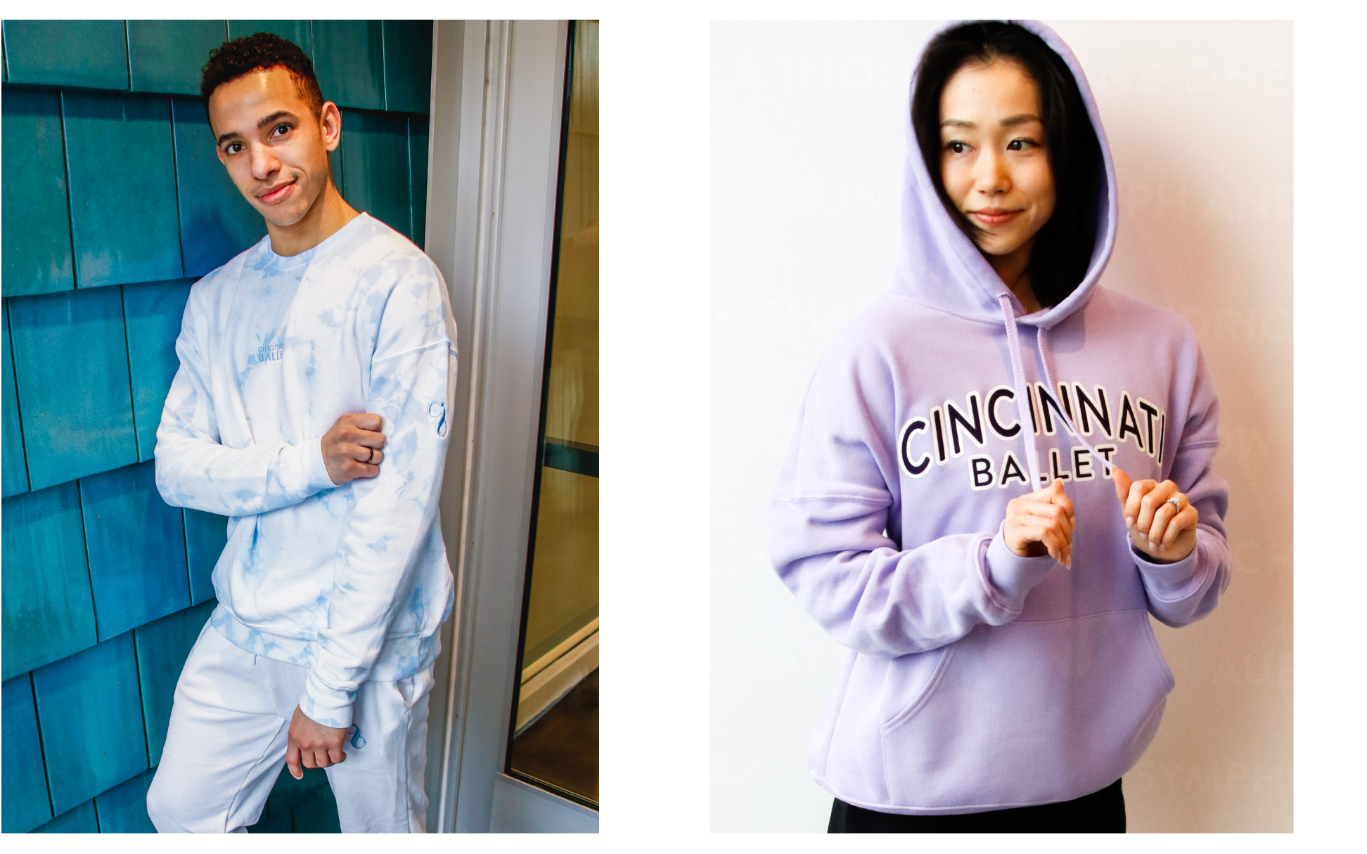 Cincinnati Ballet's exclusive merch and apparel featuring the Tie-Dye blue sweatshirt and Purple Cincinnati Ballet hoodie
